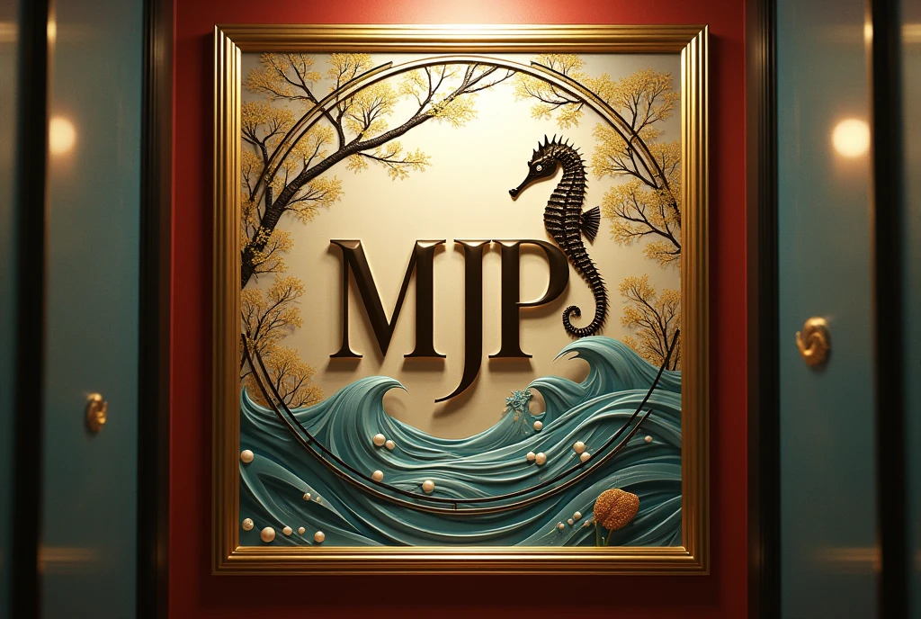 A logo design was created with the letters MJP in the center.。Japanese floating painting style、Seahorse Design. Japanese style、Japanese-style、high quality, A luxurious image. In the center is a map of Japan、Malaysia map hidden..
All designs are housed in luxurious gold frames