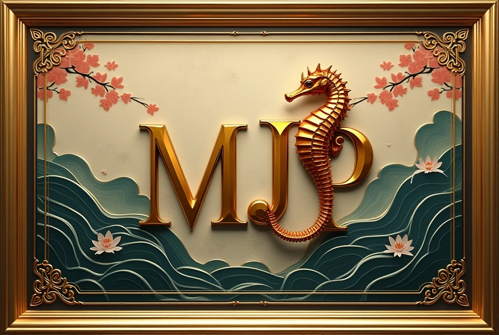 A logo design was created with the letters MJP in the center.。Japanese floating painting style、Seahorse Design. Japanese style、Japanese-style、high quality, A luxurious image. In the center is a map of Japan、Malaysia map hidden..
All designs are housed in luxurious gold frames