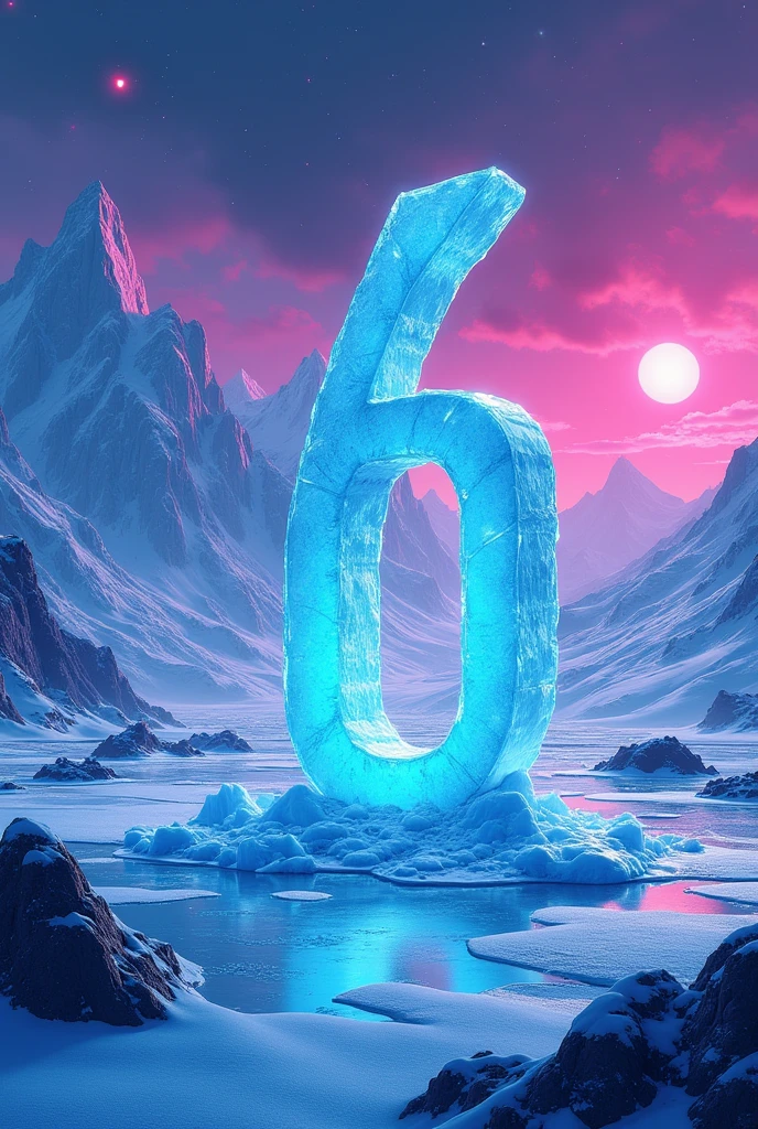 Create a frozen landscape with a 80s sythwave theme.
The artwork should work as a poster for a club party.
An ice like number 6 should be visible as part of the frozen floor