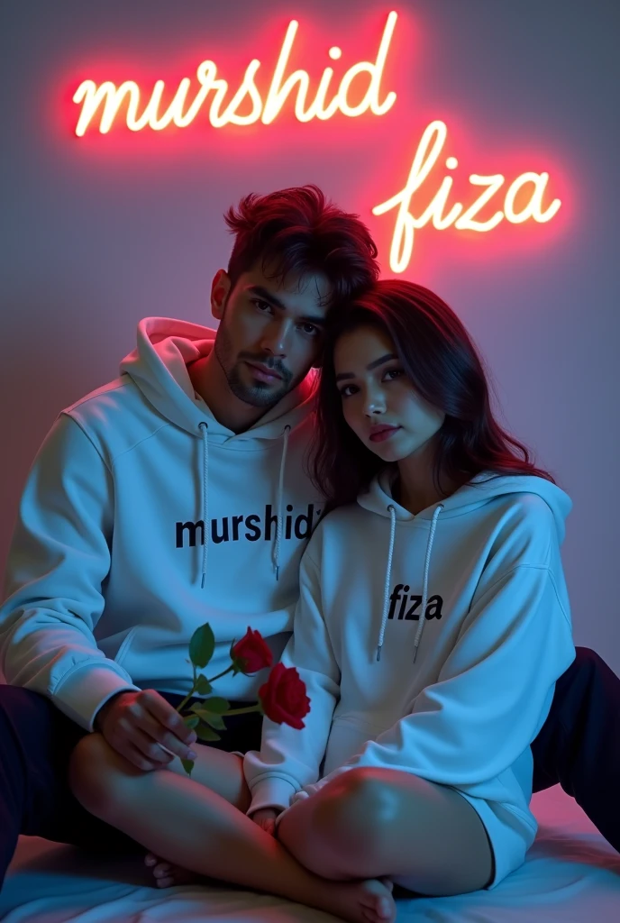A 4K ultra-high-definition, highly detailed realistic portrait featuring a handsome 2 man and a beautiful 30-year-old woman, both wearing white hoodies. The camera is directly facing them, capturing an intimate and romantic atmosphere. The man’s hoodie has "Murshid" subtly written across the chest, while the woman’s hoodie displays "Fiza." The woman is seated gracefully on the floor, holding a single red rose delicately in her hand. The setting is lit by an ambient, neon-lit backdrop where the words "Murshid loves Fiza" glow softly on the wall in stylish neon text. The mood is serene and contemplative, with both individuals maintaining a serious expression, and the scene has a polished, cinematic quality
