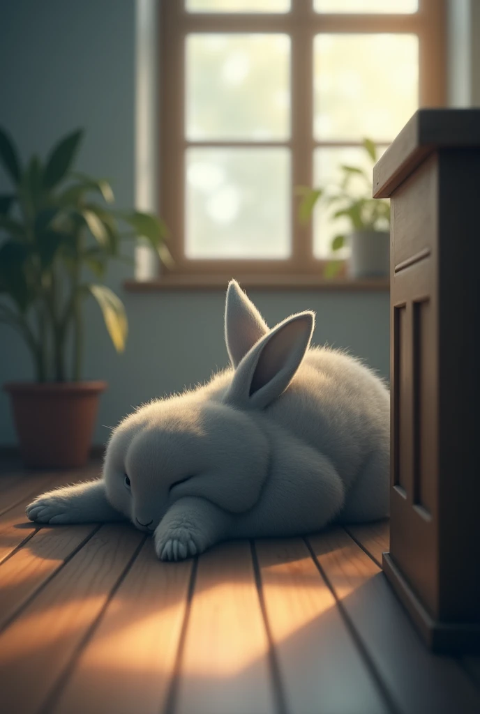 An image where a little less than half on the right side there is a blurred wooden object that covers the entire half of the image in the foreground and on the other side there is a gray rabbit with noticeable fur looking to the left, quite large., lying face up, one ear down and the other pointing to the left, in the background a window, mostly covered by the standing ear and a little before that some plants on the right side. The outline is on the outside with clear light.
