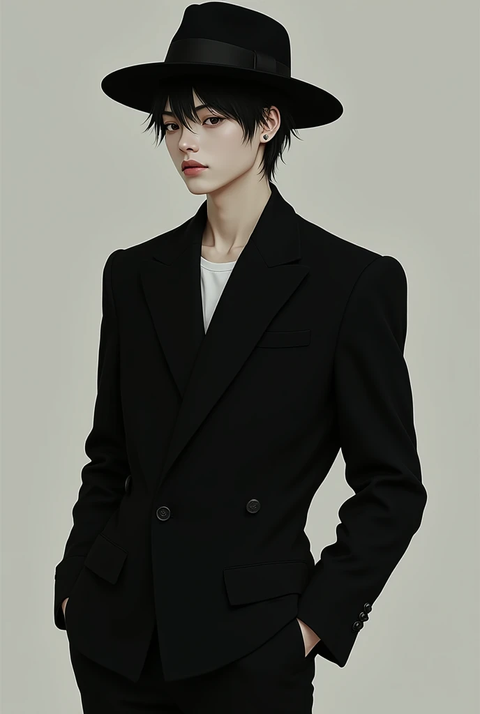Boy, in late 1980's wearing black toxido, black hat, black pants, he has cat eyes like japanese, thin lips with pointed nose and fair skin