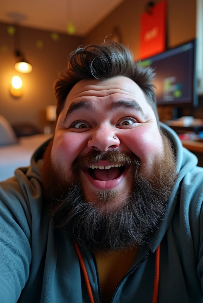 chubby man selfie , bearded, nya, Gamer, com piercing no septo


