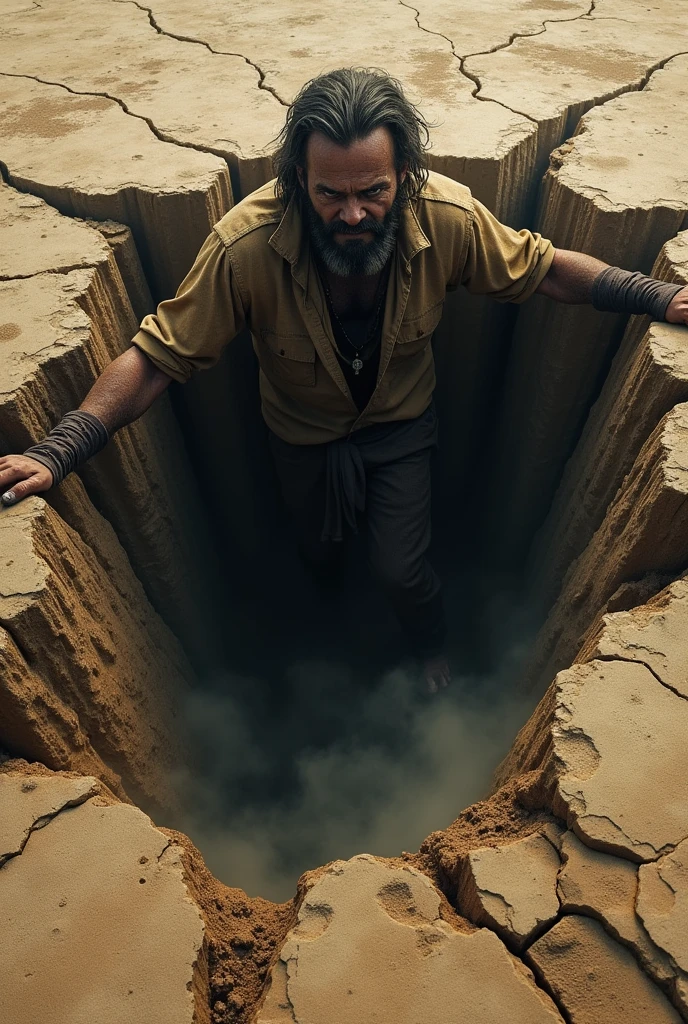 A man emerging from a crack in the ground