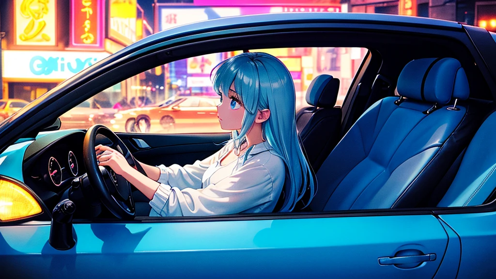Create an image from the angle inside a car, showing a woman with a thoughtful expression on her face as she gazes out of the side window at the cityscape. The city outside should be visible, illuminated by streetlights and neon signs. Use soft, pastel colors and subtle gradients to capture a dreamy, reflective atmosphere. Ensure the interior of the car feels cozy and comfortable, adding to the overall serene vibe.
