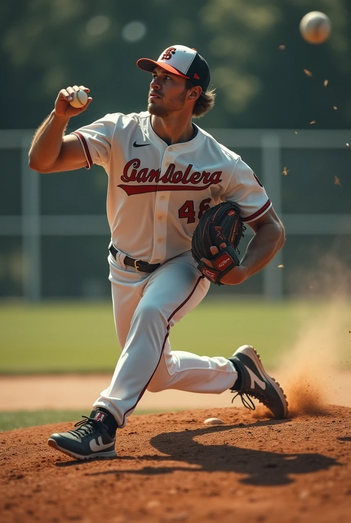 Make a picture of a softball player (throwing and pitching) make a cool camera angle with cool effect when throwing and pitching male player