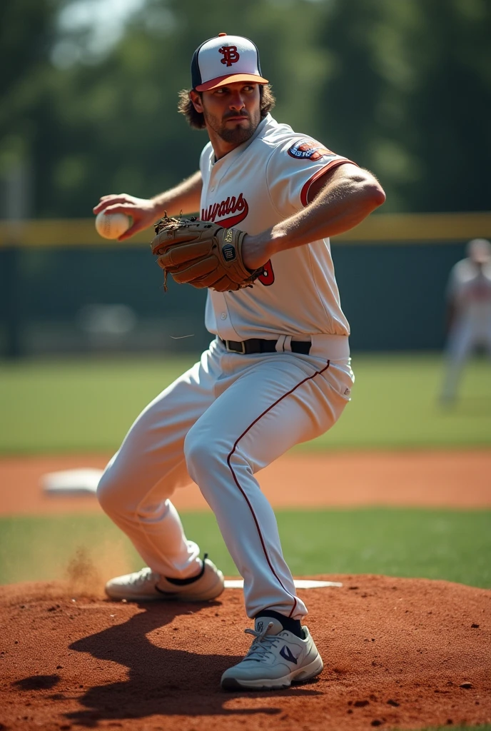 Make a picture of a softball player (throwing and pitching) make a cool camera angle with cool effect when throwing and pitching male player