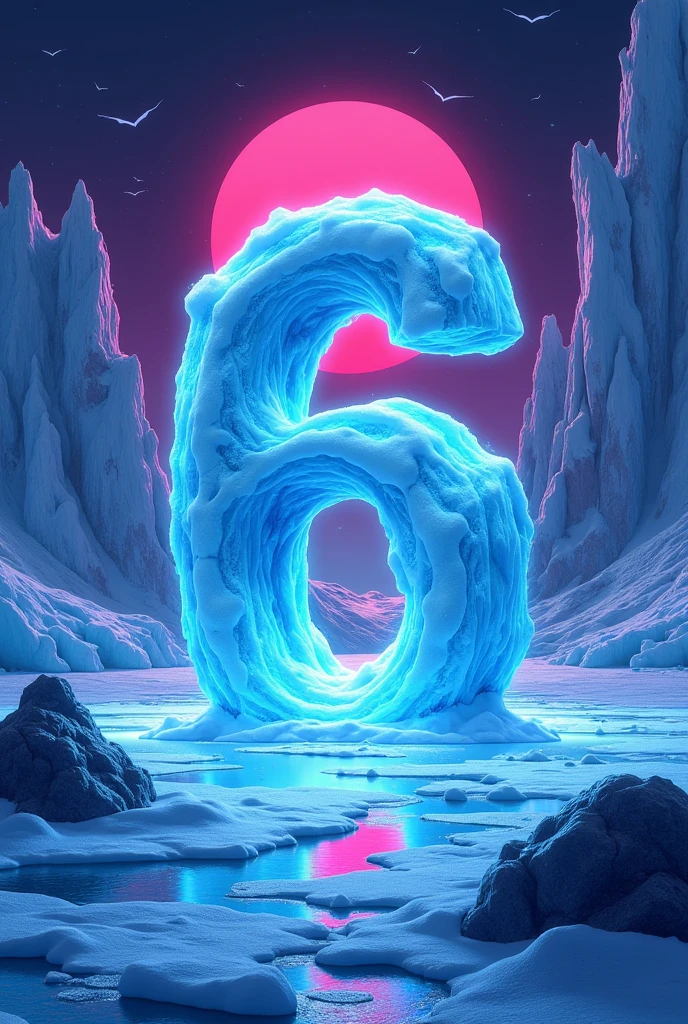Create a frozen landscape with a 80s sythwave theme.
The artwork should work as a poster for a club party.
An ice like number 6 should be visible as part of the frozen floor