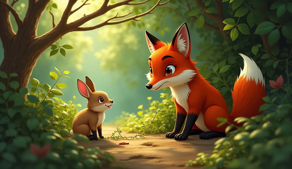 As Fox got closer, he found a little rabbit named Ruby stuck in a bush. Her paw was tangled in some vines, and she couldn’t get free. Fox knew he had to help. He gently nibbled at the vines, careful not to hurt Ruby. After a few minutes, Ruby was free!
