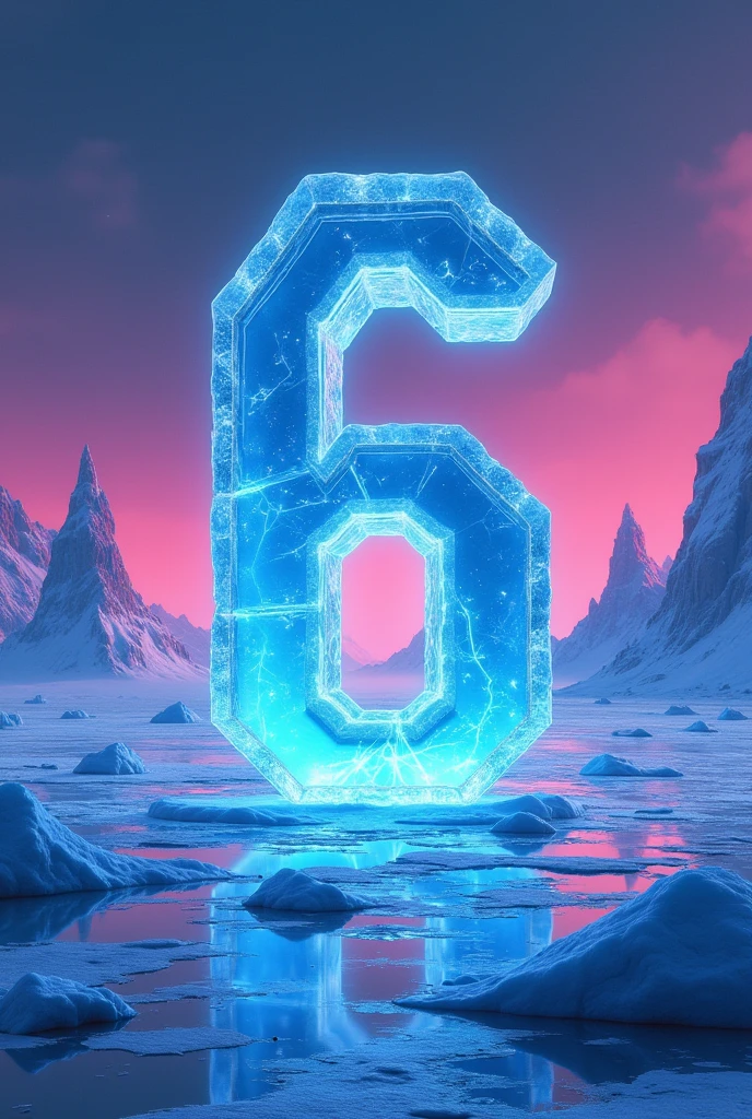Create a frozen landscape with a 80s sythwave theme.
The artwork should work as a poster for a club party.
An ice like number 6 should be visible as part of the frozen floor