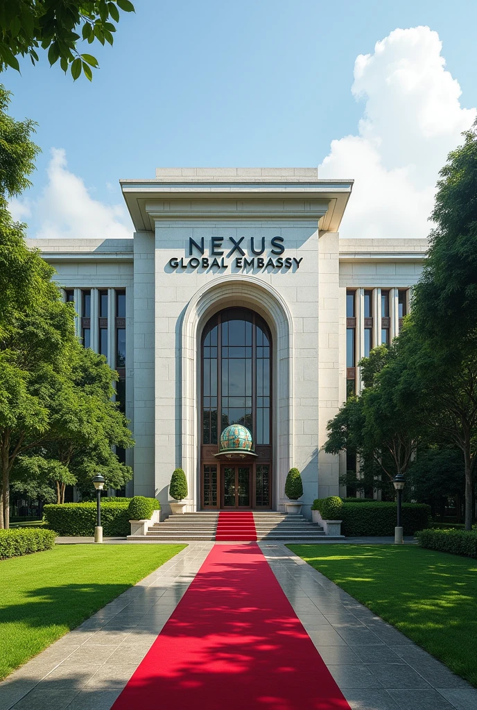 A wonderful and luxurious building, it's on it's own with large compound with trees and Grass with Singaporean architecture and the words Nexus Global Embassy fully exposed on the building separate concrete with red carpet on the entrance with a good full view and angle .Expose the words Nexus Global Embassy on the concrete fully I can't see the words and the driveway
