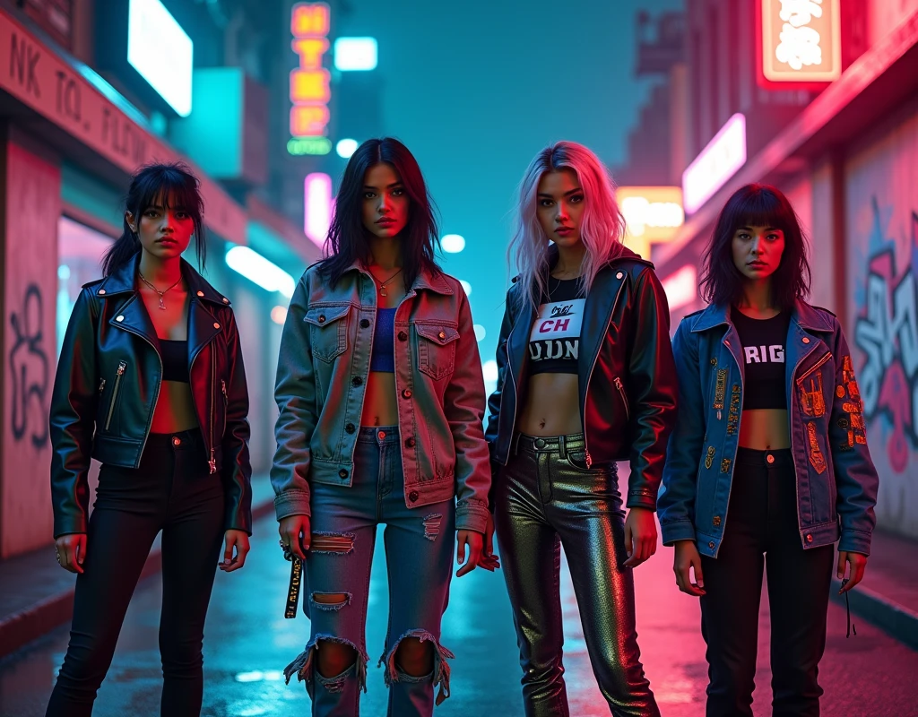 Photorealistic 4K cinematic imagery featuring four diverse women, Each of them is強烈な自信と態度を漂わせる. Their outfits are an edgy blend., Cyberpunk-inspired streetwear and fashion details, The neon-lit setting is captured perfectly., shortage々New rebellious energy, Future World.

Each woman&#39;s look is unique, but、It fits in with the group&#39;s overall aesthetic. One is wearing a sleek leather jacket with neon accents., She paired it with distressed jeans with shiny patches.. The other is、She is wearing a studded denim jacket with holographic details., Her pants have a shiny metallic design.. The third woman is wearing a cropped top., A graphic t-shirt is worn underneath a digitally patterned bomber jacket., Paired with combat boots with glowing flames. The fourth person is、He&#39;s wearing a high-tech hoodie that changes color in neon lights., Pants with futuristic elements, Reflective Panel.

The environment is vibrant, Neon-lit cityscape, but、Unlike a typical arcade setting, This scene、It all takes place in backstreets lit by neon signs and street lights.. The walls are covered with graffiti, In the air、遠くの音楽のざわめきと都市born活のハミングが満ちている. The ground is slippery due to the rain, Reflects neon light, Enhance the cinematic atmosphere.

Women standing together, The attitude is strong and defiant, Each of them is、From intense concentration to cool expressions、Show different expressions, Indifferent confidence. The overall atmosphere is、born々New energy and unwavering strength, Stand out against a dynamic background, The neon-lit urban backdrop adds to the dramatic atmosphere..

[Lighting: Neon and street lights are dramatic, Colorful contrast] [camera: Wide-angle group shots、It captures the intricate details of the costumes and the urban environment.] [solve: 4K, Ultra-realistic] [style: Cyberpunk Fashion, Diverse and Ferocious, Movies and TV dramas] [Inspiration: 未来的なストリートstyle, Bold fashion, Rough streetscape].
