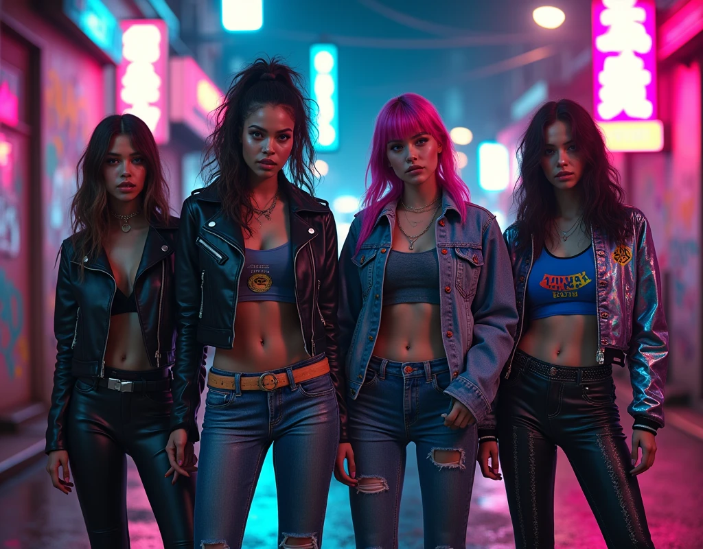 [Subject: Cyberpunk Fashion in a Retro Hideout] A high-resolution, cinematic Instagram image featuring four characters in edgy, cyberpunk-inspired outfits, set in a neon-lit, retro hideout.

**Character 1**: Black leather jacket with neon red stripes, distressed high-waisted jeans with digital patches, cropped retro graphic tee, and combat boots with holographic flames. Neon pink topknot and bandana complete the look.

**Character 2**: Leather jacket with neon blue accents, vintage gaming tee, ripped jeans with digital graffiti, and flashing combat boots. Neon green bandana and sleek bun.

**Character 3**: Black leather jacket with neon green piping, cropped arcade graphic tee, distressed jeans with holographic inserts, and LED-lit combat boots. Neon yellow bandana and voluminous afro.

**Character 4**: Leather jacket with neon purple stripes, distressed jeans with digital patterns, cropped retro tee, and holographic flame boots. Neon pink bandana and sleek bob.

The setting is an abandoned warehouse turned high-tech hideout, filled with graffiti, retro posters, arcade machines, and flickering neon lights.

[Lighting: Neon glow with dynamic reflections] [Camera: Group shot in the retro-futuristic hideout] [Resolution: 8k, hyper-realistic] [Style: Cyberpunk grunge, retro-gaming aesthetics, cinematic] [Inspiration: Cyberpunk 2077, Retro Futurism].
