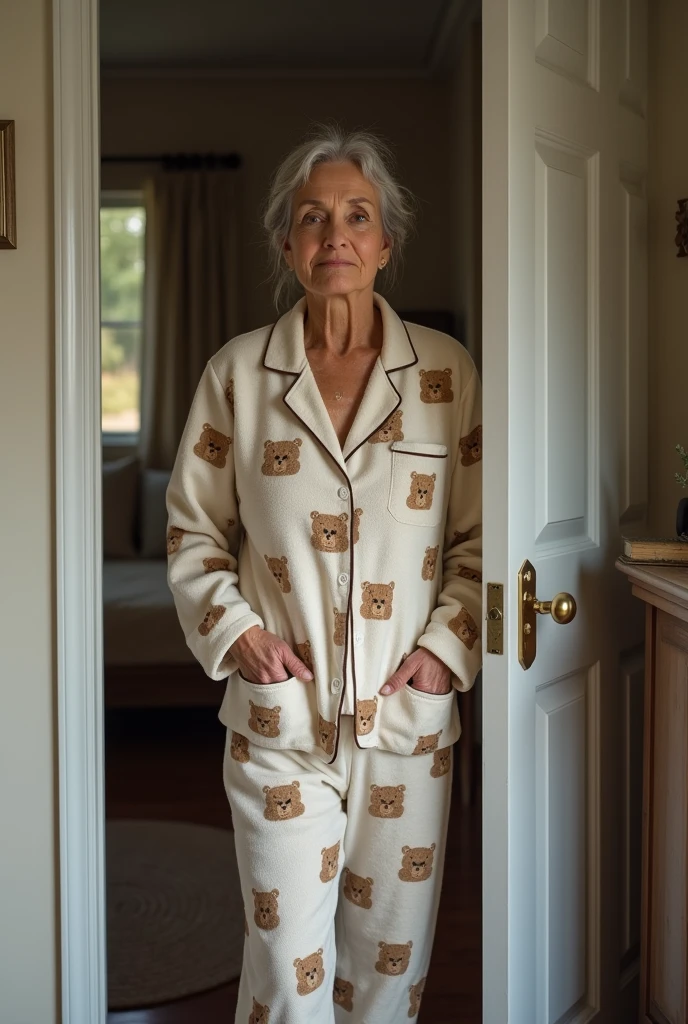 A 50-year-old woman standing in the doorway of her bedroom wearing teddy bear pajamas,realisitic