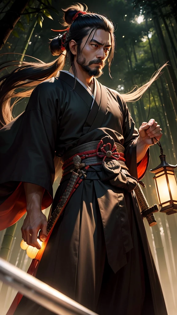 A portrait of Miyamoto Musashi, the legendary Japanese swordsman, standing confidently. He has a stern expression, showing his deep concentration. Musashi has long, black hair tied back in a topknot and a short beard. He wears a traditional samurai outfit with a dark hakama and kimono, carrying two katana swords, one in each hand, crossed over his back. The background depicts a bamboo forest at dusk, with the soft glow of lanterns hanging from the trees, casting a mystical atmosphere. His posture is relaxed yet ready for combat, reflecting his mastery in the art of swordsmanship.