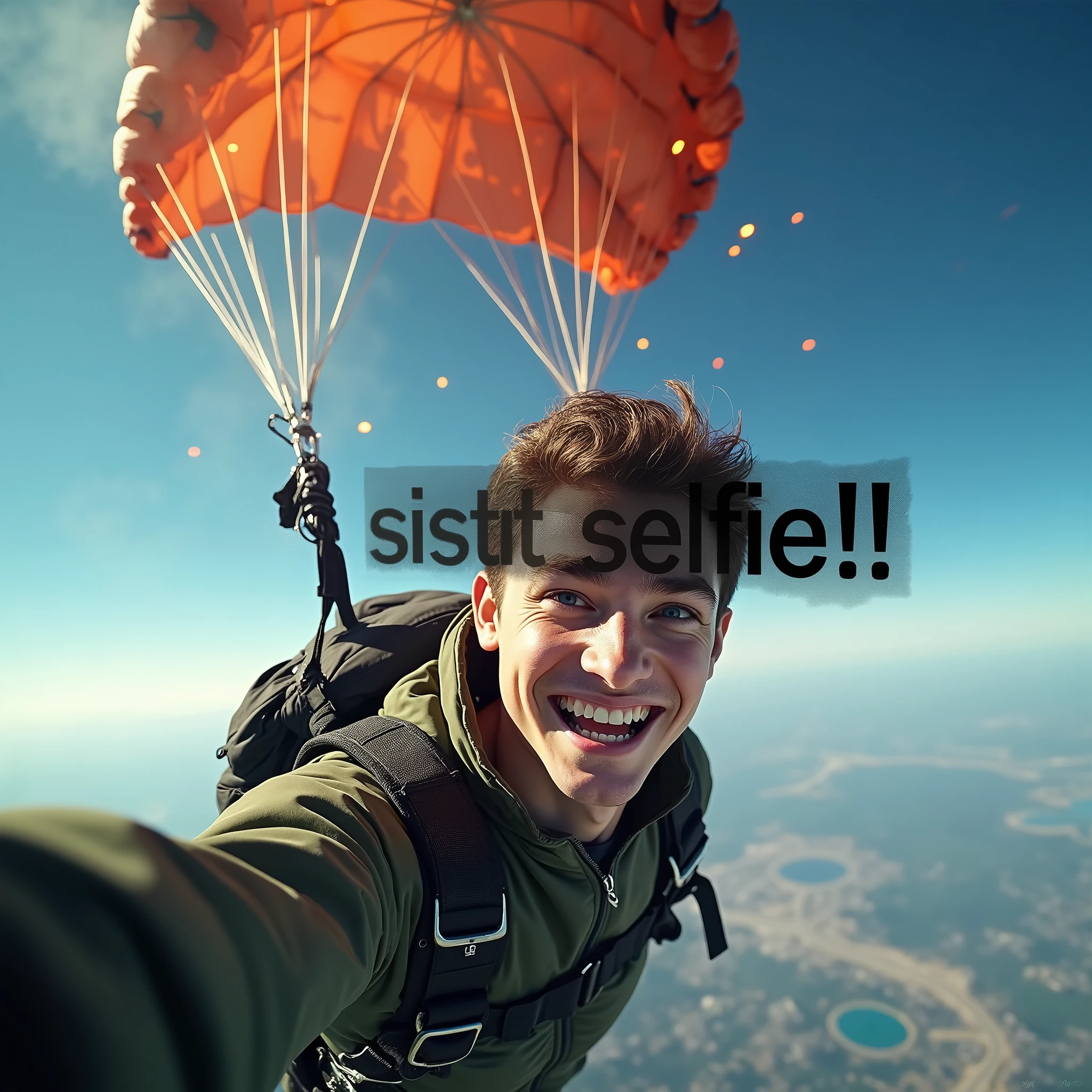 ((Last selfie. A photorealistic image captures a young man mid-air, taking a selfie as he descends with a parachute. His expression is a mix of excitement and disbelief, with a wide grin and raised eyebrows. However, the situation is far from ordinary—the parachute behind him is visibly on fire. Bright orange flames and thick smoke trail from the burning fabric, quickly spreading across the canopy. The vibrant blue sky contrasts sharply with the chaos unfolding above him, while small embers and ashes drift around. The background shows the earth far below, with no safety in sight, creating a surreal and perilous scene. Despite the imminent danger, the young man remains focused on capturing the moment, oblivious to the gravity of his predicament. Oopps.)).
(Suspended in the air between scene and the viewer, a translucent, almost ghostly black message reads exactly: "Last selfie!". The text appears as if it's floating, blurred at the edges, with the letters formed from a faint mist or dark black smoke that lingers in the space. The smoky words are readable, though not overly bright, hovering just in front of his gaze, creating a surreal yet powerful effect. Text exactly says: "Last selfie!". Text says: "Last selfie!". semi-transparent text that reads 'Last selfie!' in a dramatic, bold font. The text almost acts as a title, floating in the air, partially obscuring the scene but enhancing the overall tension and urgency of the moment.)