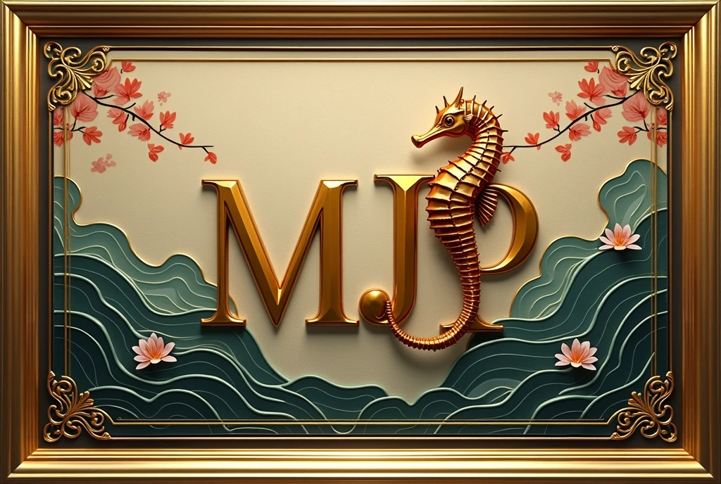 A logo design was created with the letters MJP in the center.。Japanese floating painting style、Seahorse Design. Japanese style、Japanese-style、high quality, A luxurious image. In the center is a map of Japan、Malaysia map hidden..
All designs are housed in luxurious gold frames