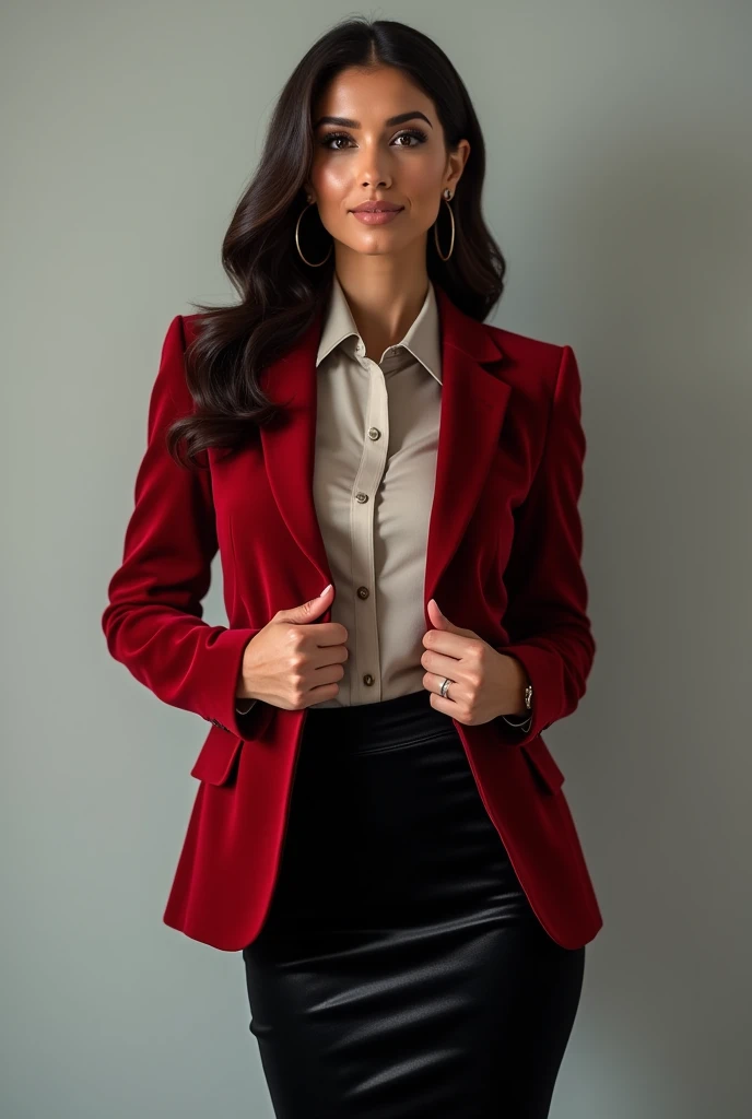 This high-quality, 4K photograph features a 50-year-old beautiful woman, Ava Addams, as an elegant and sophisticated secretary. Her supermodel muscular body and medium-sized, round breasts:1.6 add to her captivating appeal. The professional photo showcases her model slim body, clad in a collared shirt with sleeves, the buttons stretched and the clothes stretched to emphasize her graceful form.

The thin velvet fabric of her red velvet jacket contrasts with her size 10 body, while her black velvet pencil skirt exudes a professional and trending look. The image captures her sensuality and elegance, making it a truly stylish and captivating photograph.

This photograph has been created using advanced AI models, such as which have been trained on Ava Addams' unique features and style. The result is a captivating and trending image that showcases the many voices of her personality and charm, making it a standout piece in the world of professional photography.