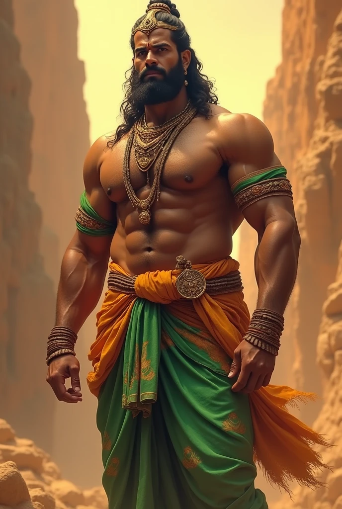 7.5 అడుగుల చామన ఛాయా రంగులో ఉన్న ఆజానుబాహుడు గుండు మీద పిలక వేసుకున్న పచ్చటి దోతీ దానికి అనుగుణంగా అభరణాలు,పై వస్త్రం ధరించిన మహా వీరుడు