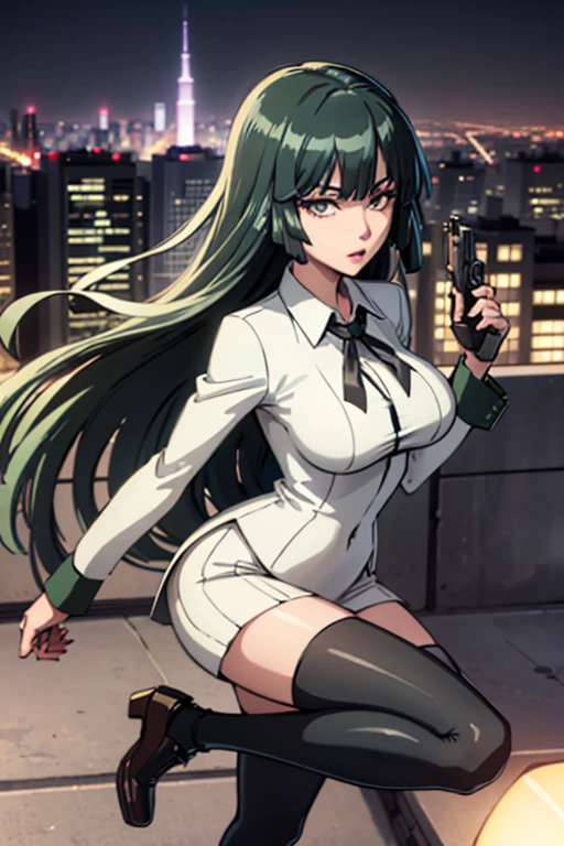 Highest quality、Ultra HD、One Woman、(Dark green long hair 1.3)、(White Suit 1.3)、(White tight skirt 1.3)、(Black tie)、(Black loafers 1.1)、((tall))、((1 who has a gun.2))、(Large Breasts)、(Black knee-highs 1.2)、(Beautiful face with sharp eyes 1.2)、40-year-old woman、Slender body、(Night city background 1.2)、((Clear and beautiful touch))