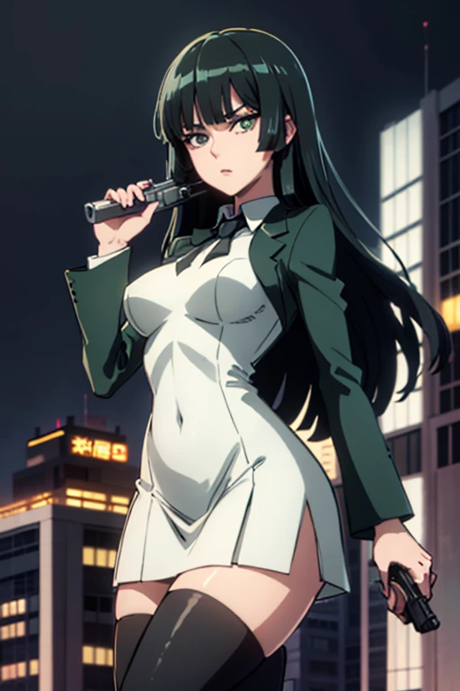 Highest quality、Ultra HD、One Woman、(Dark green long hair 1.3)、(White Suit 1.3)、(White tight skirt 1.3)、(Black tie)、(Black loafers 1.1)、((tall))、((1 who has a gun.2))、(Large Breasts)、(Black knee-highs 1.2)、(Beautiful face with sharp eyes 1.2)、40-year-old woman、Slender body、(Night city background 1.2)、((Clear and beautiful touch))