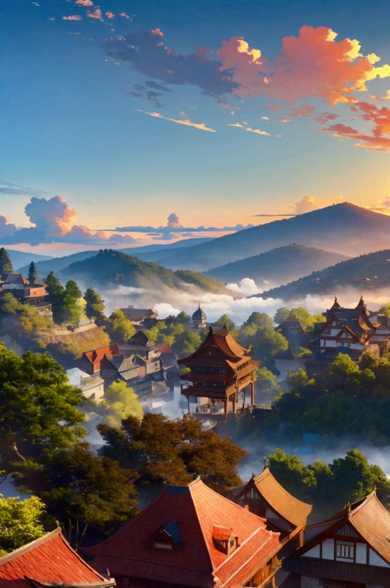 High Angle，Overlooking，Minority ethnic buildings，Building on a hill，Beautiful natural scenery，sunny