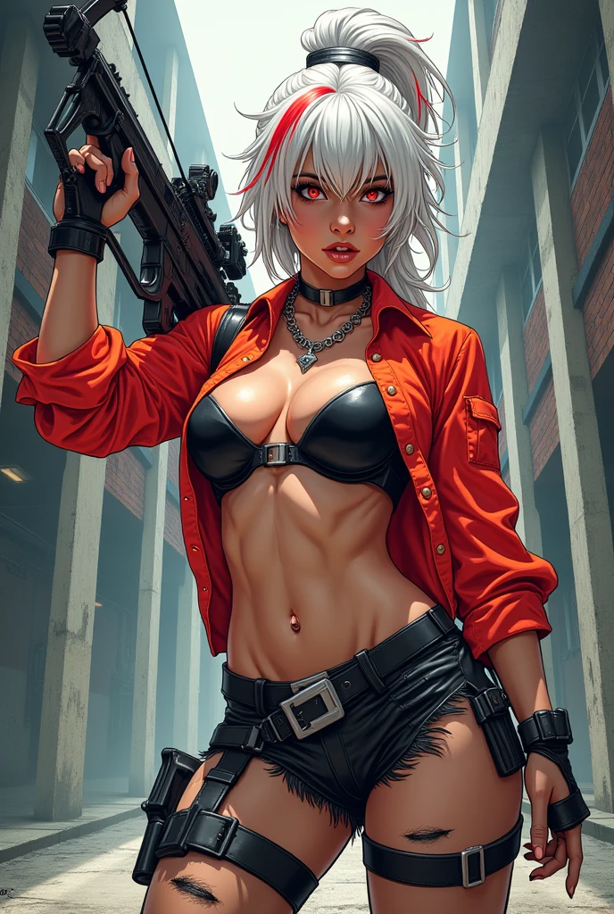 woman in black latex bra and red shirt with crossbow in hands, Best quality, complex parts, chromatic aberration, hand drawn, 1 girl, White hair, red highlights, Red eyes, keen eyes, necklace, neon shirt, torn stockings, ((Modern urban background))