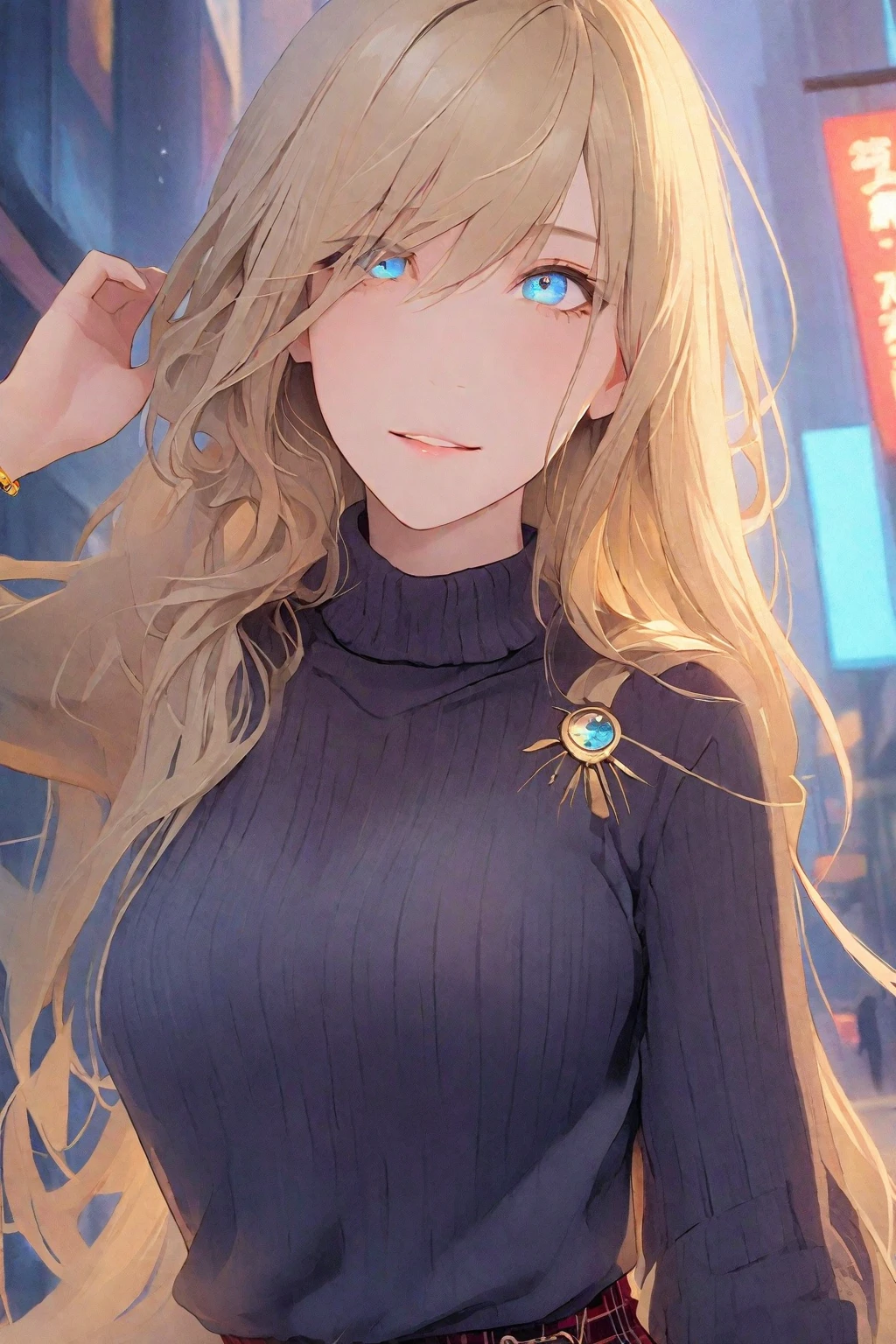 long hair, (blue eyes:1.3), gold hair, hair between eyes, smile,
BREAK skirt, shirt, jewelry,Transparent black sweater with vertical stripes , striped, bracelet, plaid, plaid skirt, striped necktie, collared shirt, (light brown sweater:1.2),
BREAK downtown,neon light,
BREAK looking at viewer, (cowboy shot:1.5),
BREAK (masterpiece:1.2), best quality, high resolution, unity 8k wallpaper, (illustration:0.8), (beautiful detailed eyes:1.6), extremely detailed face, perfect lighting, extremely detailed CG, (perfect hands, perfect anatomy),