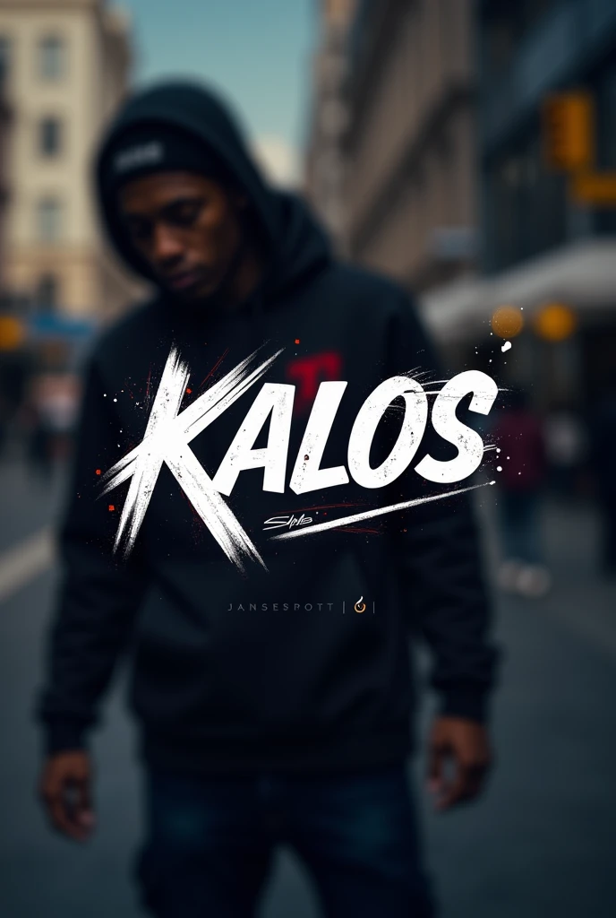 Create a logo for an urban sneaker company, with creative style, modern, urban, with the name KALOS, With blurred rapper background, and the company name stands out.