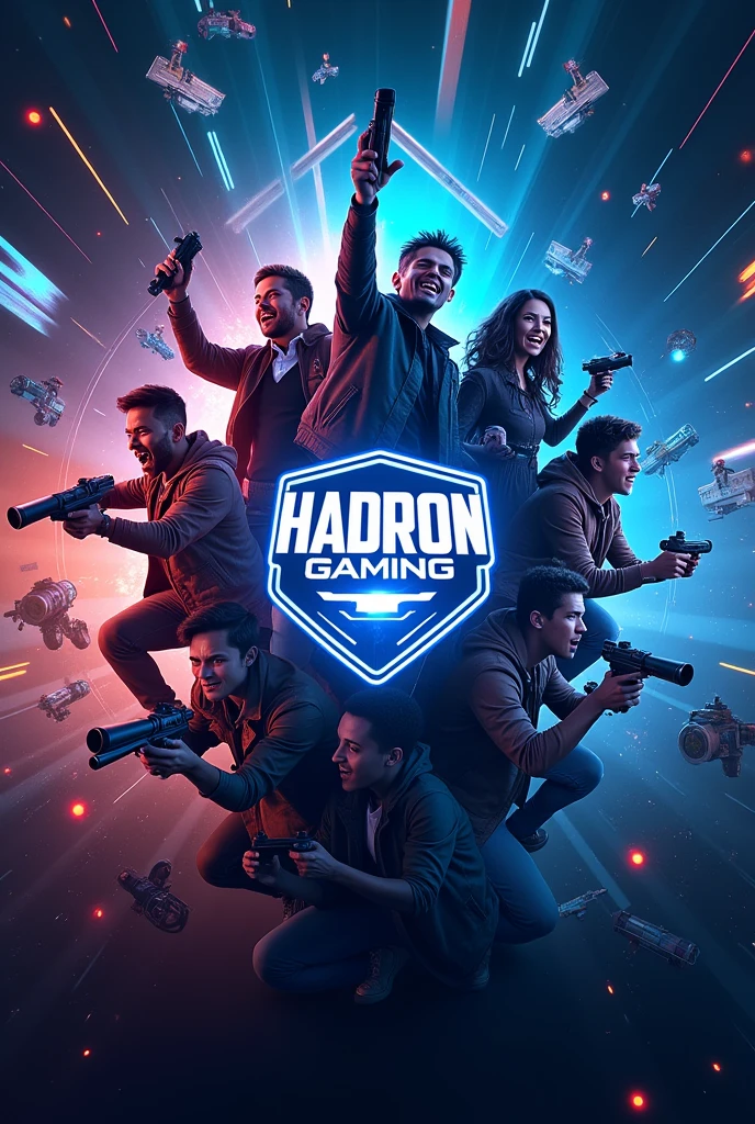 Design a high-energy YouTube channel art for HaDRoN Gaming that showcases the excitement of playing games like Among Us and BGMI, incorporating elements of suspense, action-packed battle royale, gaming community, and teamwork, with a dark blue and neon accent color scheme. The imagery could feature a split-design with a spaceship and battle royale scene, a group of friends playing together surrounded by controllers and devices, or a bold, stylized logo of HaDRoN Gaming at the center, surrounded by game-inspired elements, all coming together to create an eye-catching, modern, and perfect design for a gaming channel.