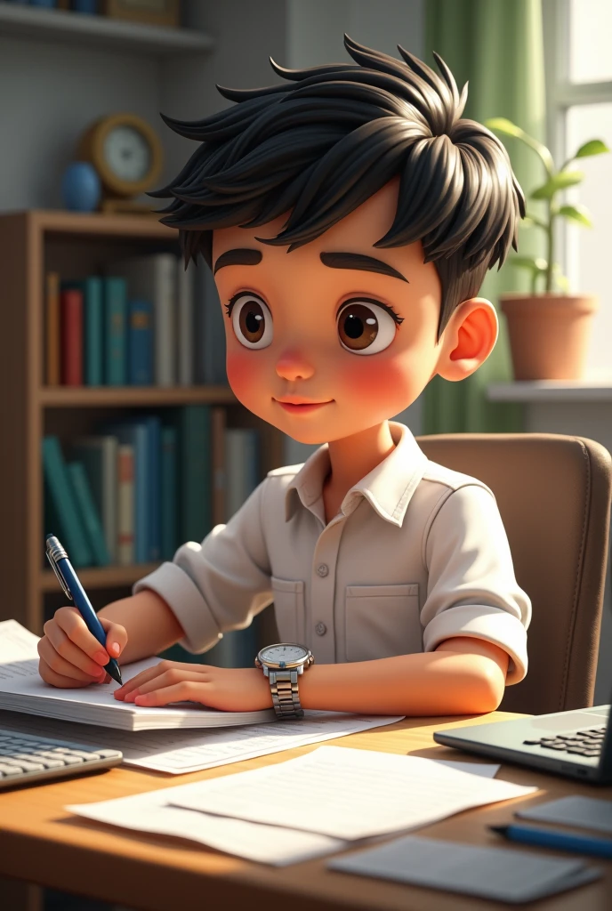 A boy sitting at a desk, surrounded by papers, pens, and a laptop, with a focused expression on his face. He's wearing a watch and a simple outfit, conveying a sense of professionalism and dedication.