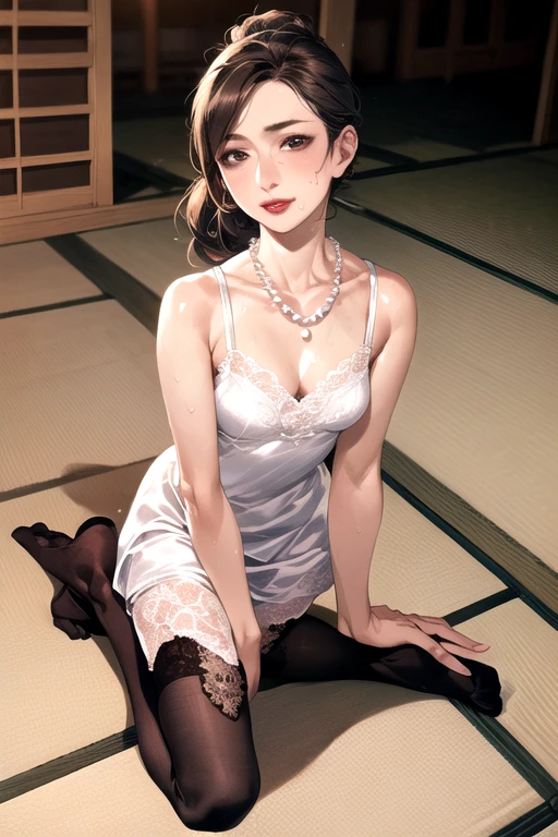 Highest quality, 8k, High resolution, Very detailed, Realistic:1.37, anti-gravity environment, Beautiful Japanese Woman, Mature Woman, Lady, Elderly woman, 5. Married women, ((Small breasts)), Beautiful breasts, Soft Breasts, Sexy Breasts, Sweaty skin, ((Full body emphasis)), Fine Lines, Beautiful Lips, Sparkling eyes, Look straight ahead, (Red lipstick), Japanese-style room, tatami, Low Ponytail, Pearl Necklace, Obscene appearance, (((Contrast Lace Satin Cami Night Dress))), ((stockings)), Functionalism, Hedonism, 