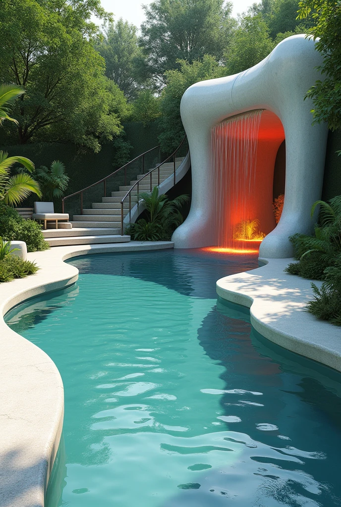 A semi-natural pool with a curved design with a reserved addition in a water curtain and red and yellow lights inside also a white slide stairs with plants