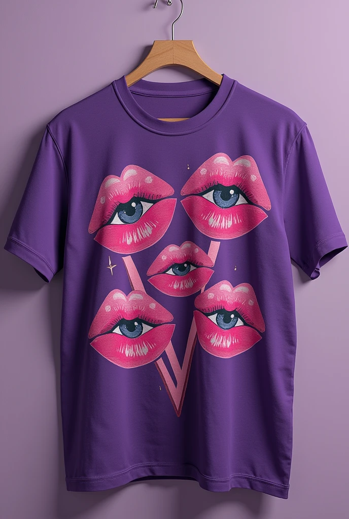An aesthetic t-shirt with drawings of kisses with eyes and the letter V in modern purple