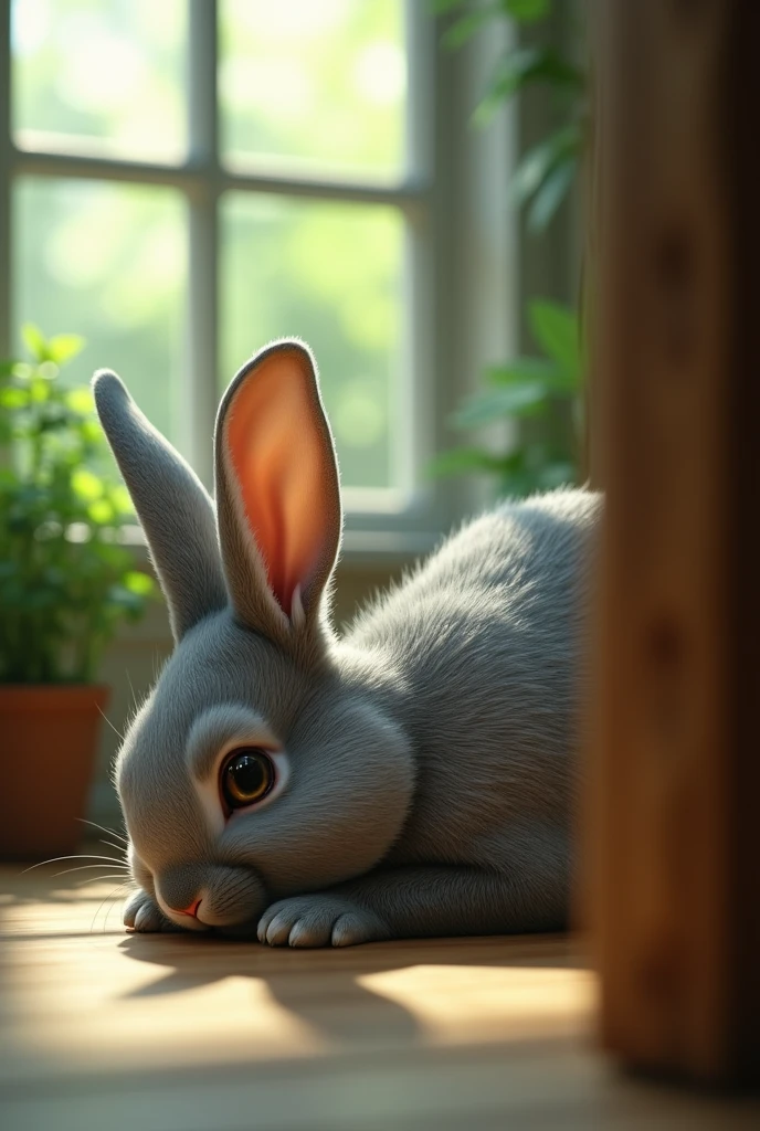 An image where a little less than half on the right side there is a blurred wooden object that covers the entire half of the image in the foreground and on the other side there is a gray rabbit with noticeable fur looking to the left, quite large., Laying face down, one ear down and the other pointing to the left, in the background a window, mostly covered by the standing ear and a little before that some plants on the right side. The environment is outdoors with bright light.