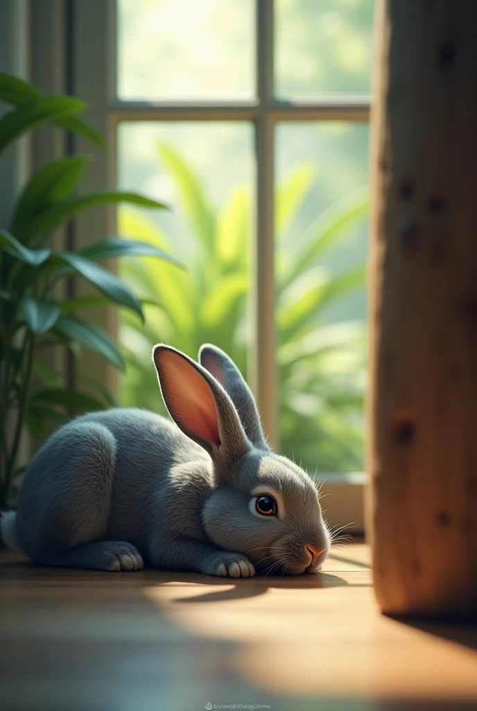 An image where a little less than half on the right side there is a blurred wooden object that covers the entire half of the image in the foreground and on the other side there is a gray rabbit with noticeable fur looking to the left, quite large., Laying face down, one ear down and the other pointing to the left, in the background a window, mostly covered by the standing ear and a little before that some plants on the right side. The environment is outdoors with bright light.