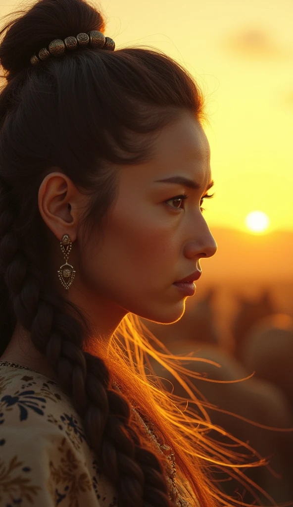 A close-up of Kutulun’s face, focused and intense, with the wind blowing through her braided hair as she surveys her herd of ten thousand horses. The scene is bathed in golden sunset light