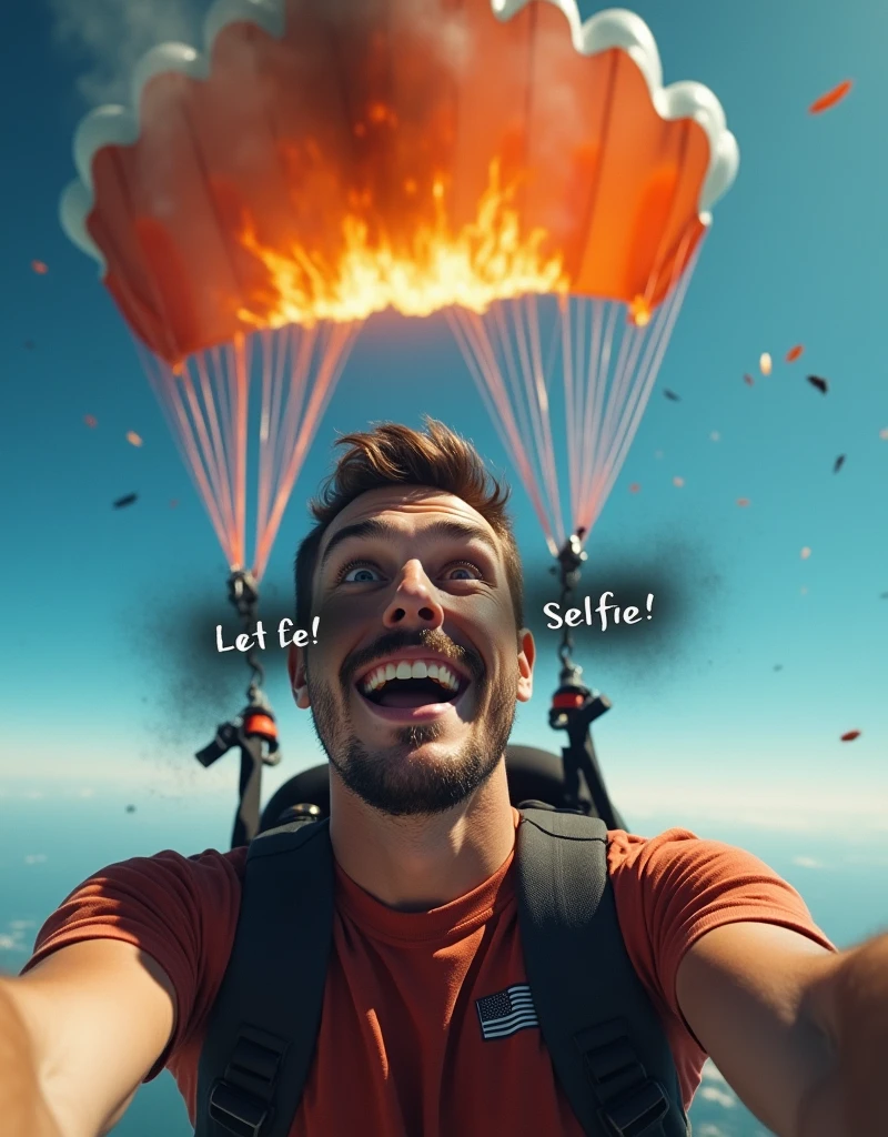 ((Last selfie. A photorealistic image captures a young man mid-air, taking a selfie as he descends with a parachute. His expression is a mix of excitement and disbelief, with a wide grin and raised eyebrows. However, the situation is far from ordinary—the parachute behind him is visibly on fire. Bright orange flames and thick smoke trail from the burning fabric, quickly spreading across the canopy. The vibrant blue sky contrasts sharply with the chaos unfolding above him, while small embers and ashes drift around. The background shows the earth far below, with no safety in sight, creating a surreal and perilous scene. Despite the imminent danger, the young man remains focused on capturing the moment, oblivious to the gravity of his predicament. Oopps.)).
(Suspended in the air between scene and the viewer, a translucent, almost ghostly black message reads exactly: "Last selfie!". The text appears as if it's floating, blurred at the edges, with the letters formed from a faint mist or dark black smoke that lingers in the space. The smoky words are readable, though not overly bright, hovering just in front of his gaze, creating a surreal yet powerful effect. Text exactly says: "Last selfie!". Text says: "Last selfie!". semi-transparent text that reads 'Last selfie!' in a dramatic, bold font. The text almost acts as a title, floating in the air, partially obscuring the scene but enhancing the overall tension and urgency of the moment.)