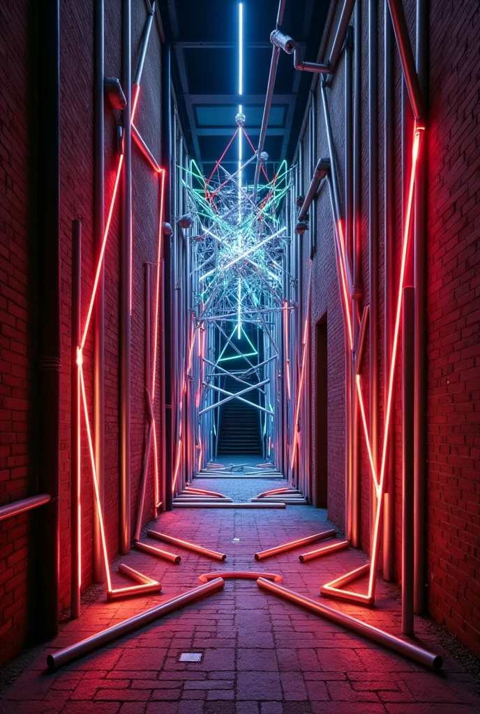 "Create a site-specific multimedia installation within a narrow alley, 15 meters wide and 100 meters long, with brick flooring and brick walls that are 3-4 meters high. The installation is composed of two integrated parts:
Ground Installation: This part consists of a network of intersecting metal poles or beams, some in silver and others in red, arranged in a complex, overlapping pattern. These structures rise from the ground and partially embed into the walls, creating an immersive and interactive space for visitors to walk through. The design represents the journey and challenges of human life, with the overlapping beams symbolizing the interconnected experiences and paths that people encounter.
Sky Installation: Suspended 10 meters above the ground, a second part of the installation forms an abstract galaxy-like structure. This is created using a network of colored light ropes, with RGB lights marking grooves and radial junctions. Vertical lamps and glowing spheres represent planets and stars, floating above the alley.
Both the ground and sky installations are visually and conceptually integrated, forming a cohesive multimedia experience. The installation invites viewers to reflect on the flow of life, time, and existence, with a strong emphasis on interaction and the merging of physical and ethereal elements."