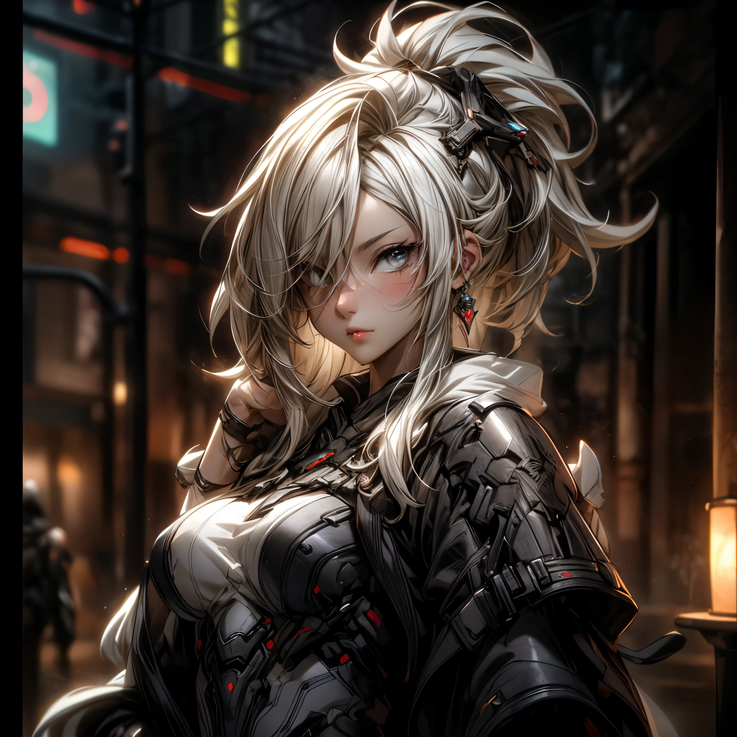 (best quality)), ((Masterpiece)), (details:1.4), 3d, HDR (high dynamic range), an image of a beautiful cyberpunk female, fantasy, Cyberpunk, Medieval, Blonde hair, Highi ponytail, Hips up, Beautiful white eyes, จมูกโด่ง, ปากแดง, หน้าอกใหญ่, nvidia RTX, PBR surface, After processing, Anisotropic filtration,depth of field, Maximum clarity and clarity, multi-layered surface, Subsurface scattering, perfect proportions, 8K raw files, ultra detailed, Perfect proportions, volumetric lighting, soft lighting, Holy Paladin, Heavy Black Armor, glossy skin, intricate silver embroidery, Castle background, jewely, ต่างหู, นิ้วมือสมบูรณ์,