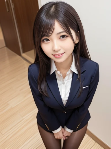 Japanese female, (underweight), (medium bust best quality:1.0), 30 years old, (cheerful grin:1.0),
bending over, long hair, (interview suit ,pantyhose,), in the office building entrance, full body shot, from above
