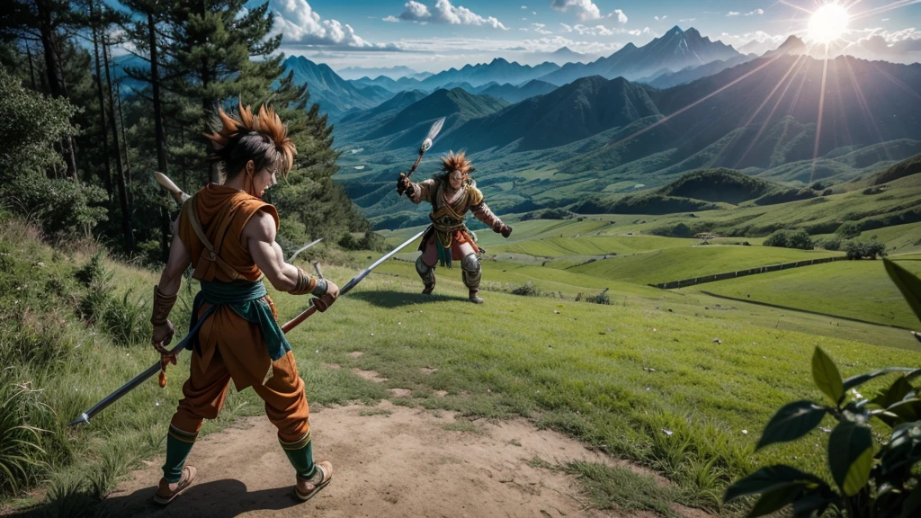 the epic photo of wukong entering into combat against goku, dynamic photo, natural lighting, green field, panoramic view