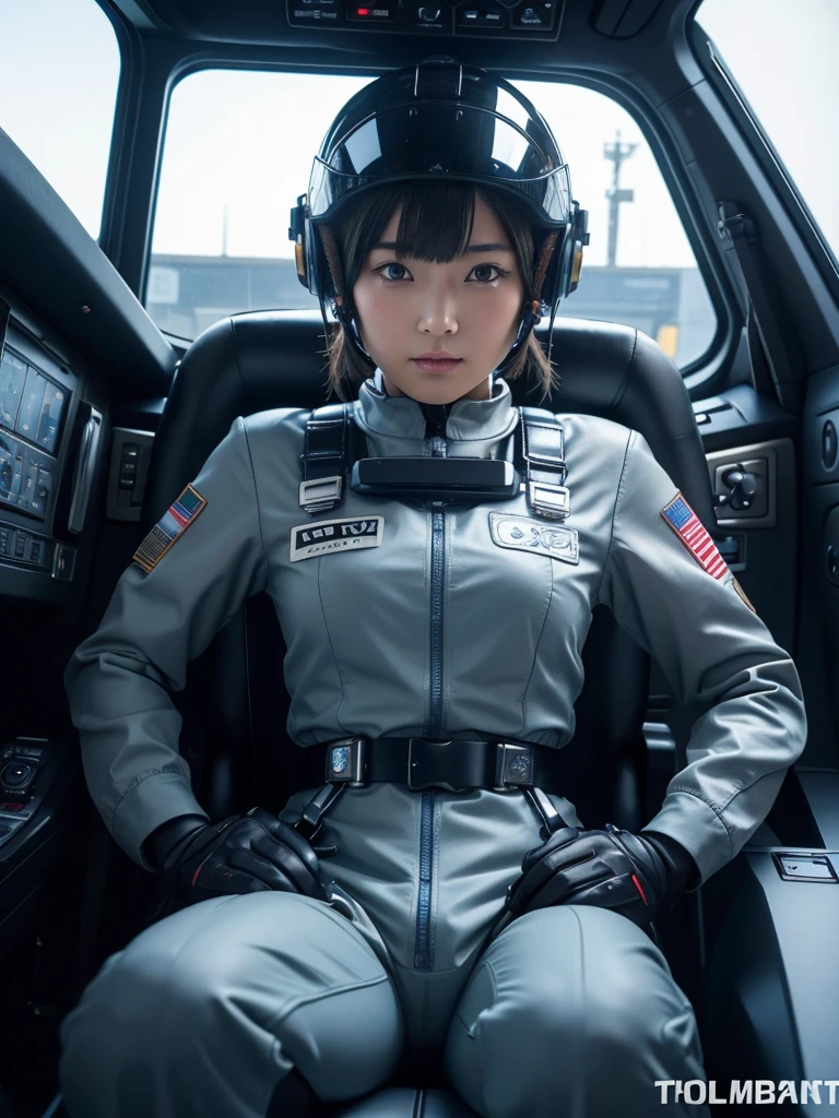 masterpiece, Highest quality, Very detailed, Japanese Android girl, Beautiful 2 Japanese woman, Plump,Control panel,Android,cyborg,Blunt bangs,Sitting in the cockpit and piloting,The control stick is in the center of the seat.,Air Force Fighter,Secured to the seat with a harness,Full-face helmet,