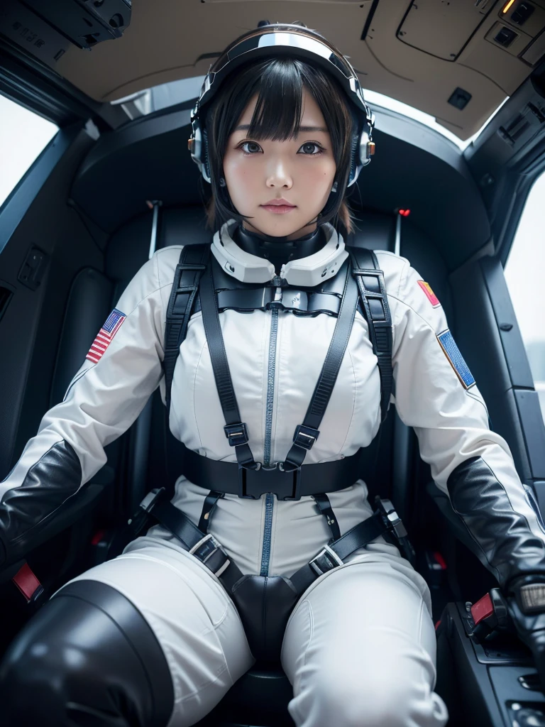 masterpiece, Highest quality, Very detailed, Japanese Android girl, Beautiful 2 Japanese woman, Plump,Control panel,Android,cyborg,Blunt bangs,Sitting in the cockpit and piloting,The control stick is in the center of the seat.,Air Force Fighter,Secured to the seat with a harness,Full-face helmet,