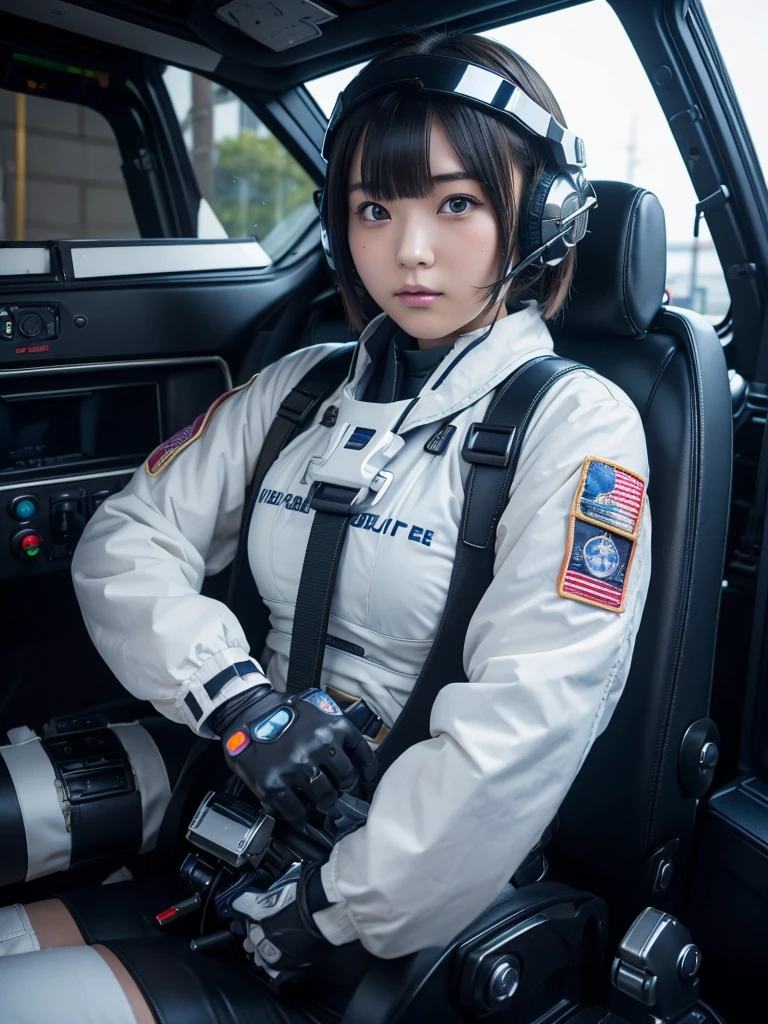 masterpiece, Highest quality, Very detailed, Japanese Android girl, Beautiful 2 Japanese woman, Plump,Control panel,Android,cyborg,Blunt bangs,Sitting in the cockpit and piloting,The control stick is in the center of the seat.,Air Force Fighter,Secured to the seat with a harness,Full-face helmet,