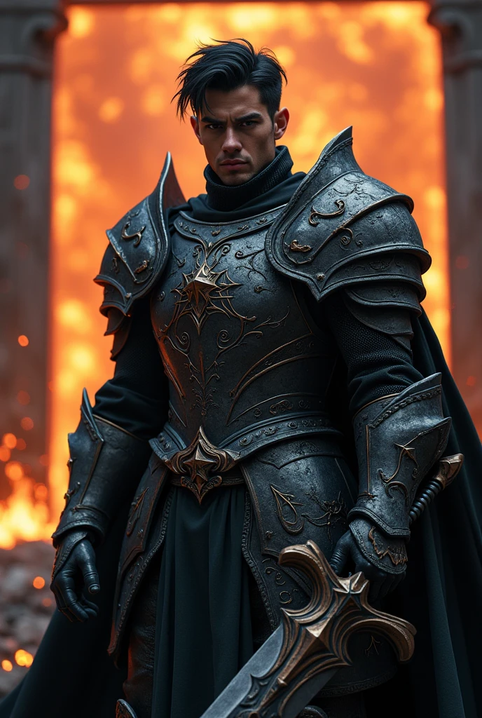 a short black haired male knight holding a sword, by Yang J, evil knight, ares with gigantic heavy armor and sword, confident knight's outfit, vampire of clan lasombra, the god emperor of mankind, fractal armor, emperor, dynamic pose, hyper-realistic, UHD, burning city gate background