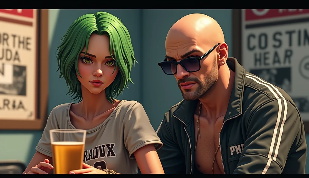 A man with half a body and a clean-shaven face, and a man with green hair and a clean-shaven face looking forward, one of the men makes a hand sign, In sunglasses, man with half body in GTA V style, like a character from gta, gta5 style, GTA V style, gta character, Germa985 , as the main character of gta 5, GTA 6 style, ! split hair dye!, Персонаж GTA V, gta 5 skin tone, GTA V street style, glass of beer in the background, photo with half body full length, glass of beer front man with short hair, glass of beer with foam