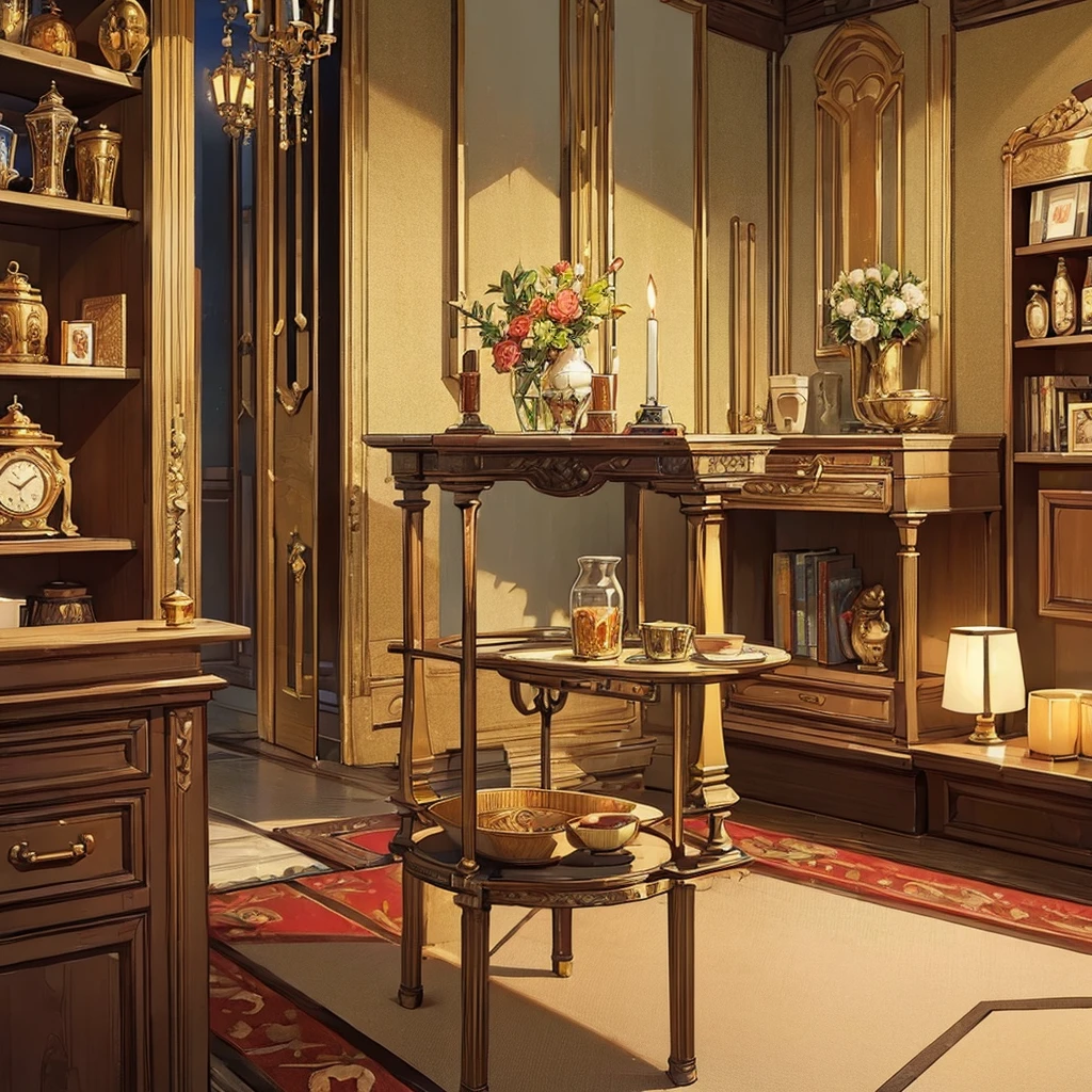 ((((No humans))))、Best illustrations、Best Quality、(background、city、floor、Lavish decoration、indoor、Jewelry box、shelf、antique)、Various dishes