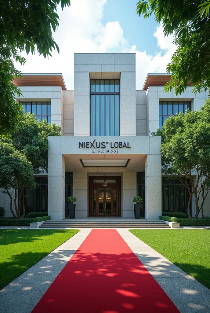 A wonderful and luxurious building, it's on it's own with large compound with trees and Grass with Singaporean architecture and the words Nexus Global Embassy fully exposed on the building separate concrete with red carpet on the entrance with a good full view and angle .Expose the words Nexus Global Embassy on the concrete fully I can't see the words and the driveway 