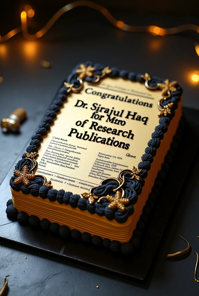 Generate an AI image of a cream cake of black and golden theme that have a rectangular shape and the content written on it must be like a research paper. The title of the paper must be "Congratulations Dr. Sirajul Haq for century of research publications". It must have layout similar to research papers of any international journal of chemistry, add appropriate content for congratulating Dr. Sirajul Haq.